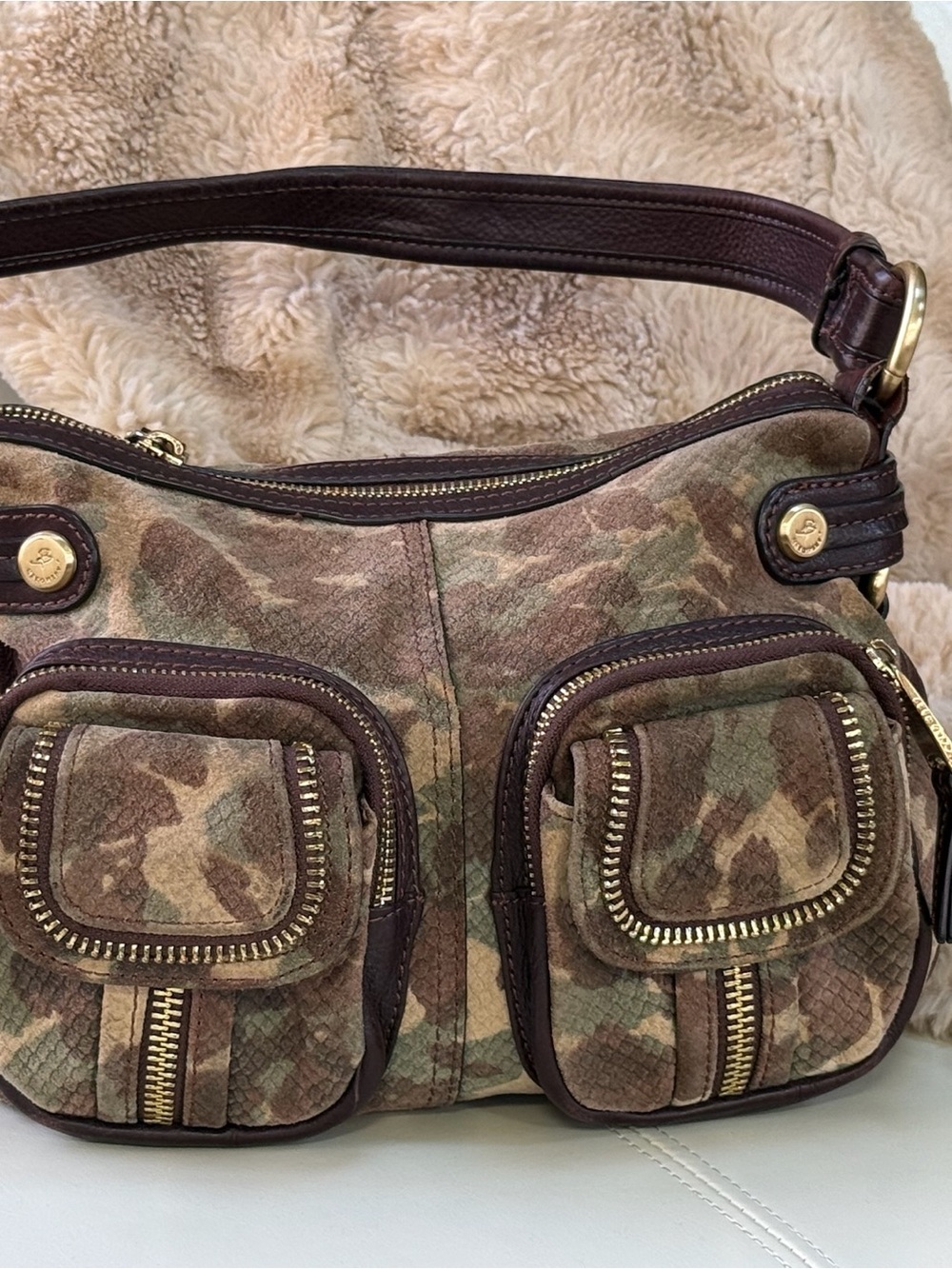 b. makowsky Camouflage Suede Shoulder Bag with Brown Leather Trim